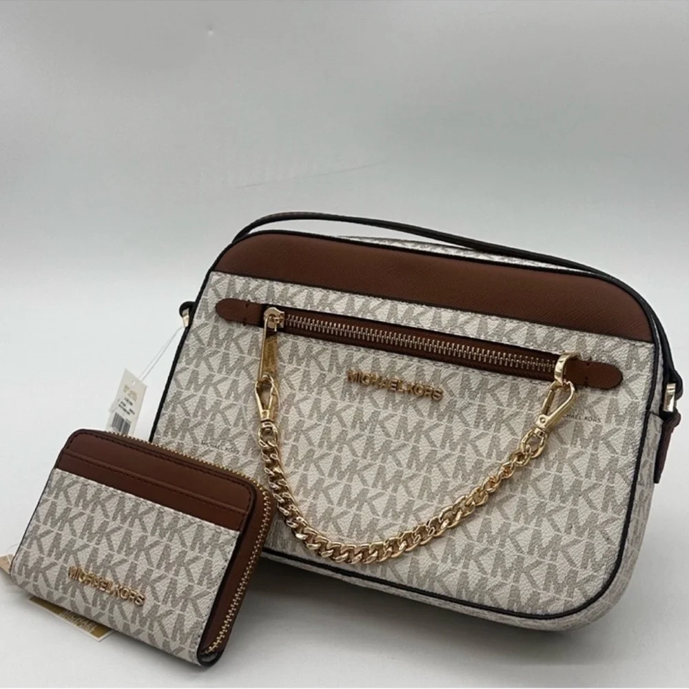 MICHAEL KORS LARGE EW ZIP CHAIN CROSSBODY BAG & JET SET TRAVEL MD ZA CARD CASE